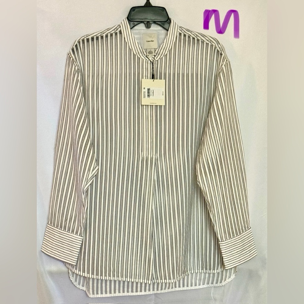 Calvin Klein Women's Black and White Striped Dress Shirt
